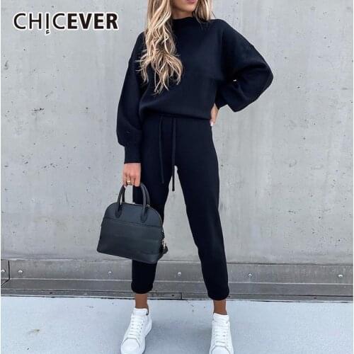 CHICEVER Casual Two Piece Set For Women O Neck Long Sleeve Tops High Waist Lace Up Wide Leg Pants Loose Sets Female 2020 Clothes
