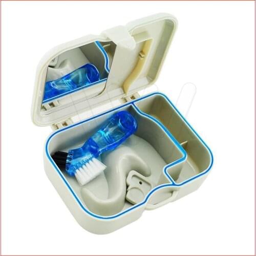 Denture Storage Box Case With Mirror and Clean Brush Dental Appliance