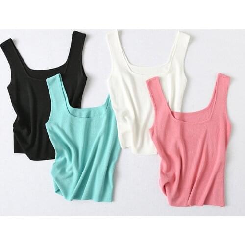 DOUJILI Summer Knitted Tops Sleeveless Solid Color White Pink Red Black Green High Quality Soft Tops Tees