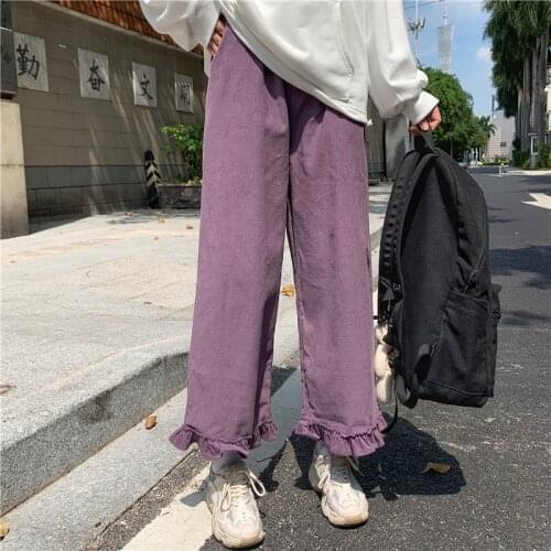 Japanese Kawaii Women Soft Girl Pants Kawaii Ruffled Corduroy Loose High Waist Pants Elastic Waist Wild Casual Female Solid Pant