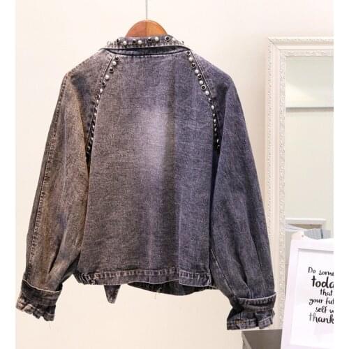 Hip Hop Style Women Oversize Denim Jacket Rivets Baggy Boyfriend Casual Jeans Outerwear Coat Beads Loose Fit High Street Jackets