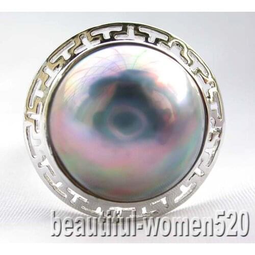 P7767 White Blue Pink 20mm South Sea Mabe Pearl Swastika Ring Sterling-Silver 14KT