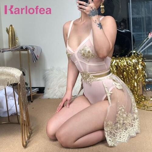Karlofea Women Luxury Two Piece dress Top And Bottom Gold Appliques V Neck Slim Lady Clubnight Party Dress Sexy Fashion Vestidos