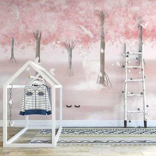 Custom 3D Wall Mural Nordic INS Hand Painted Cherry Blossom Elk Forest Artistic Childrens Room Background Wallpaper Home Decor