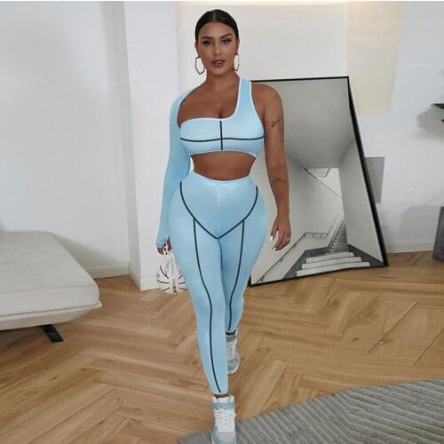 Casual Striped Print Solid Blue Tracksuit Women Sexy Irregular One Shoulder Long Sleeve Crop Top + Leggings Slim Two Piece Set