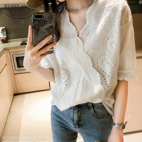 Plus Size 4XL Short Sleeve Summer Tops Korean Crochet Hollow Out Lace Woman Shirt V-neck Loose Ladies White Women Blouses 14090