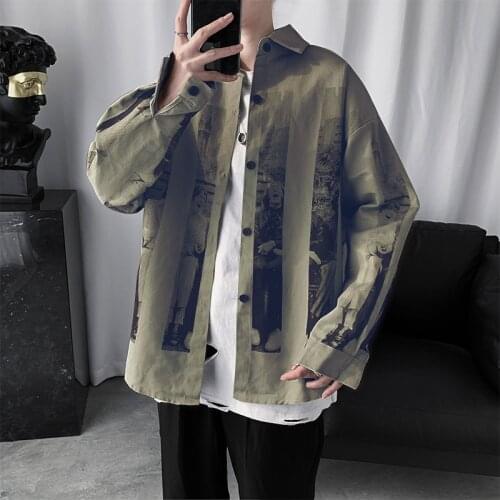 Printed Shirt Mens Long-sleeved Tide Casual All-match Loose Striped Graffiti Vertical Striped Clothes Longsleeve Shirt for Men
