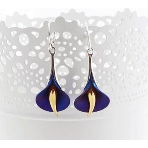 New Woman 925 Silver Color Vintage Flower Dangle Earrings Large Blue Calla Lily Drop Earrings Female Fashion Fine Jewelry Gifts