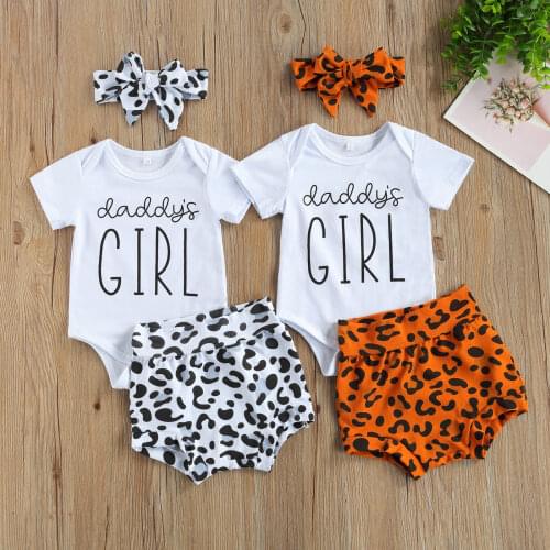 Baby Girl Tops, Leopard Pants Suit, Round Neck Short Sleeve Romper, Loose Summer Shorts, Headband