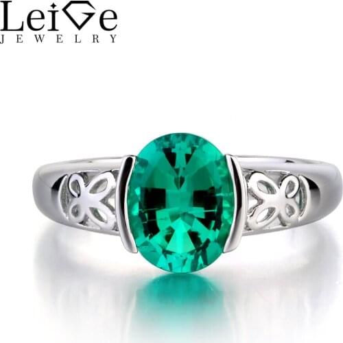 Leige Jewelry 925 Sterling Silver Ring Lab Emerald Solitaire Gemstone May Birthstone Oval Cut Engagement Promise Rings for Her