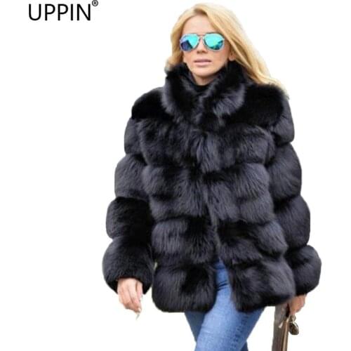 UPPIN 2018 New Winter Coat Women Faux Fox Fur Coat Plus Size Women Stand Collar Long Sleeve Faux Fur Jacket Fur gilet fourrure