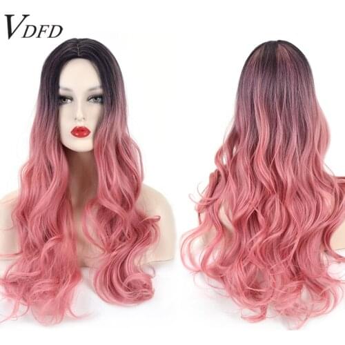 VDFD Black Ombre Pink Wig Synthetic Long Curly Hair for Women Straight Purple Cosplay Halloween Costume Party Heat Safe Fiber