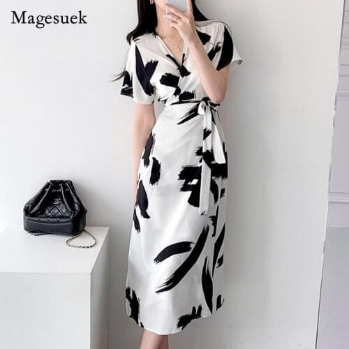 Vintage Long Dress 2021 Korean Chic Ink Painting Print Summer Dress Women Lace-up Midi Party Dresses Short Sleeve V-neck 14618