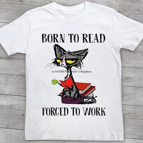 Born To Read Forced To Work Funny Bookaholic Reading Cat T shirt