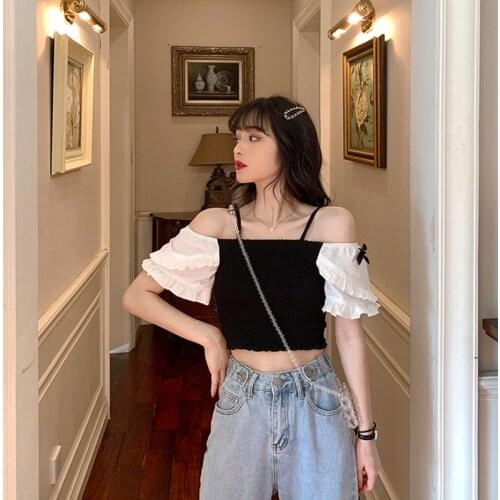 New Style Women T Shirts Sweet Fashion Slash-neck Short Sleeve Patchwork Women Tops Sexy Off The Shoulder Short Tees