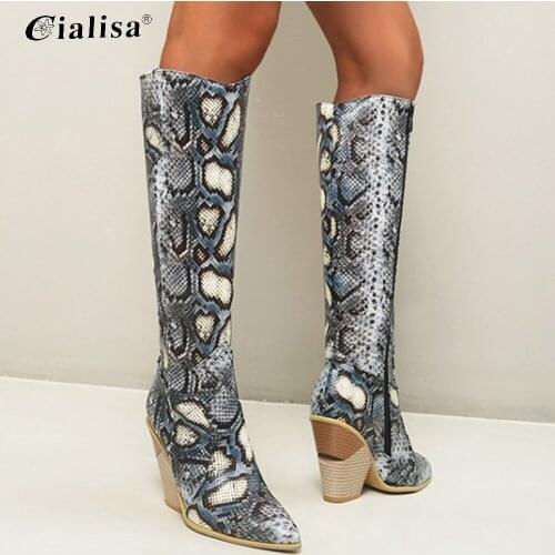 CIALISA Women Boots Heels Knee High Boots 2020 Winter Fashion PU Leather Pointed Toe Women Shoes