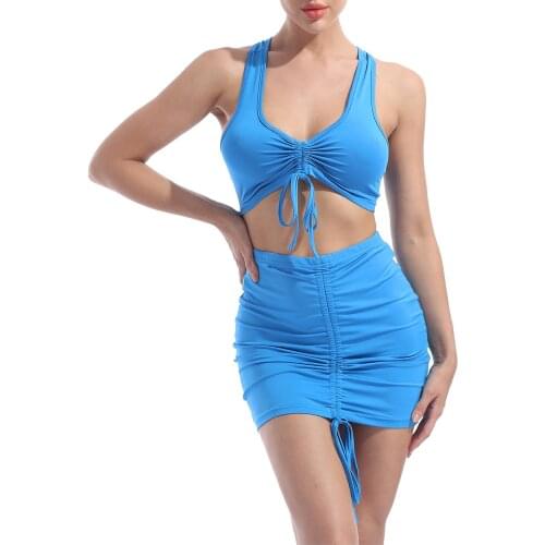 Woman Sexy Two Piece Outfits Set Hot Tops+Drawstring Stacked Skirts Summer Female Casual Matching Tank Top Set