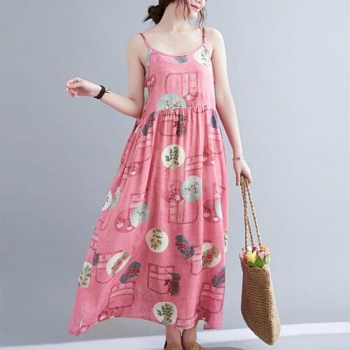 Sundress 2021 New Arrival Sleeveless Summer Travel Casual Dress Print Floral Cotton Linen Vintage Sling Women Dress Long Dress