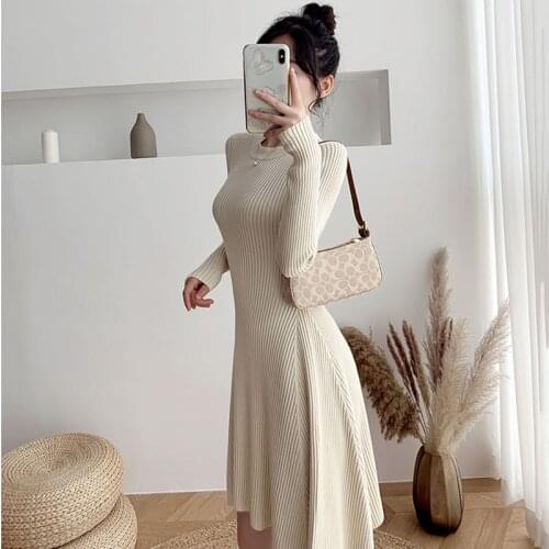 Mini Chic Dresses Womens 2021 Autumn Winter Korean O-Neck Long Sleeve Ribbing Pullovers Sweater Dress Beige Vestidos