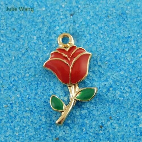 Julie Wang 5PCS Alloy Charm Gold Color Red Enamel Rose Pendant Charms Handmade Hanging Tops Necklace