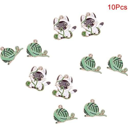 10Pcs/Set Alloy Metal Enamel Knitting Wool Ball Charms Dangle Fashion Cat Animal Pendants For Bracelet Earrings Jewelry Making