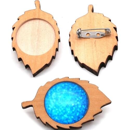 10pcs/lot Wood Leaf Fit 25mm Round Brooch Cabochon Blanks Trays with Stainless Steel Safety Pins Cameo Cabochon Base Setting
