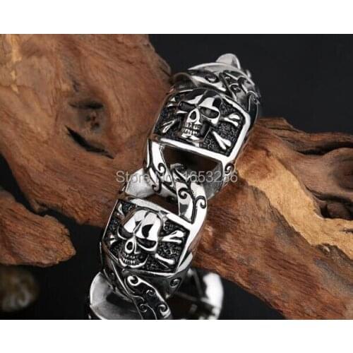 150g Heavy Cool Gothic Men Biker Skull Link Bracelet Stainless steel Fashion Design Jewelry 26mm 9 inches