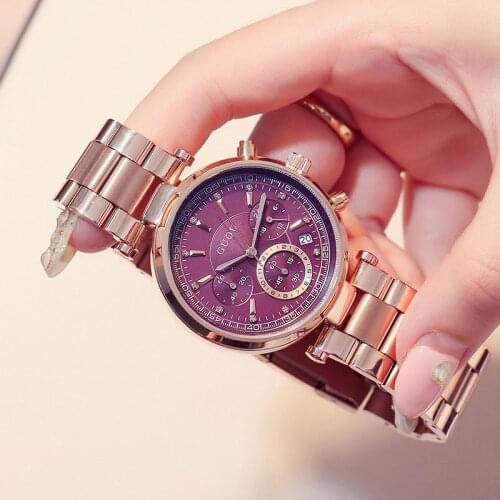GUOU Brand Fashion 3 Eyes Waterproof Leather & Rose Gold Steel Analog /w Calendar Quartz Wristwatches Wrist Watch for Women Girl