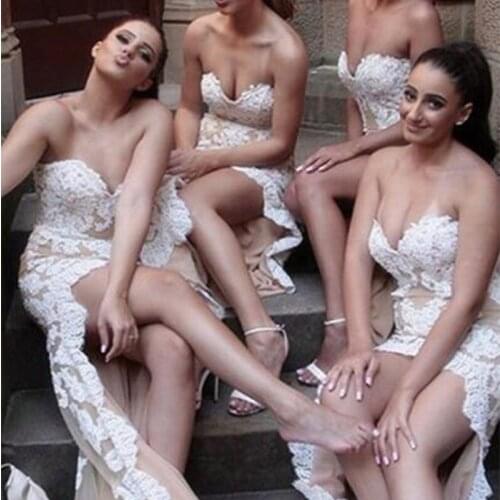 Cheap New Design Sweetheart Champagne Lining White Lace High Low Bridesmaid Dresses
