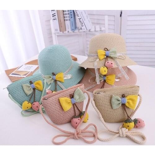 Child Summer Straw Hat 2-6 Year Baby Girls Hat Matching Bag 2pc Set Sun Shade Fashion bow Sun Hat Travel Anti-UV Beach Hat