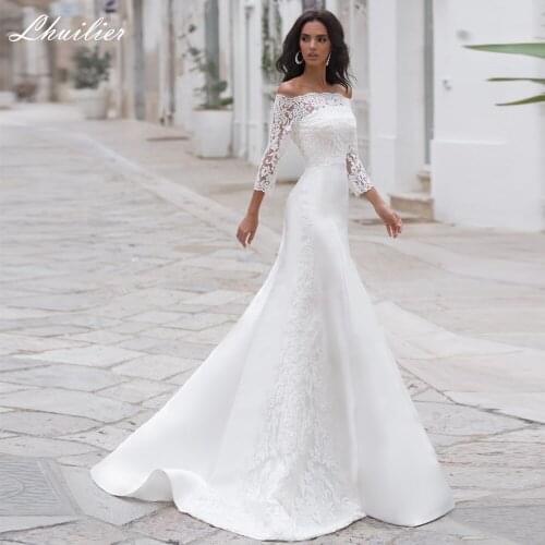 Lhuilier Elegant Womens Strapless Mermaid Satin Wedding Dresses Sleeveless Floor Length Bridal Dress with Removable Lace Jacket