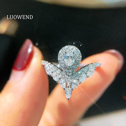 LUOWEND 100% Real 18K White Gold Engagement Ring Party Bague Water Drop Shape Natural Diamond Ring for Women Wedding