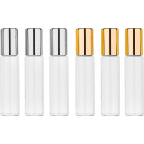 MUB - 100PCS/Lot 5ml 10ml Transparent Glass Refillable Bottle Steel Ball Essential Oil Bottle With Gold Silver Cap No Line