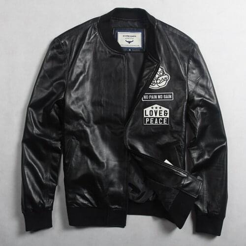 Avirexmen mens fashion genuine with pattern black leather bomber men casual baseball jacket youth