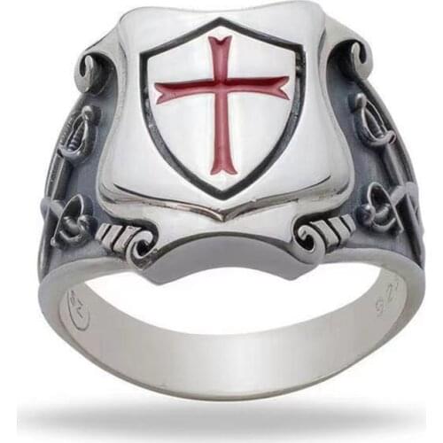 Size 7-13 Rock Roll Stainless Steel Red Armor Shield Knight Templar Crusader Cross Rings for Men Women