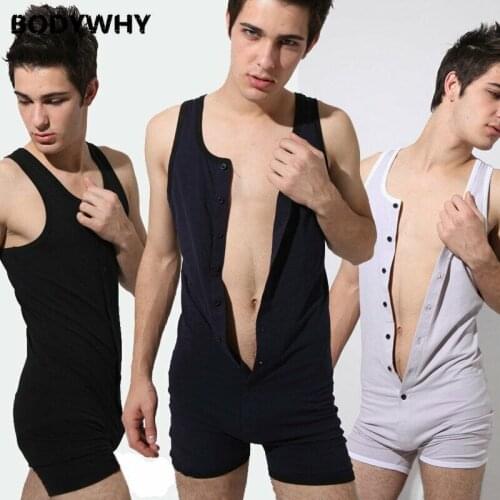 Mens One-Piece Stretch Bodysuit Nightwear Boxer Briefs Underwear Tank Top Vest Men Clothes Cotton Jumpsuit Men Underwear