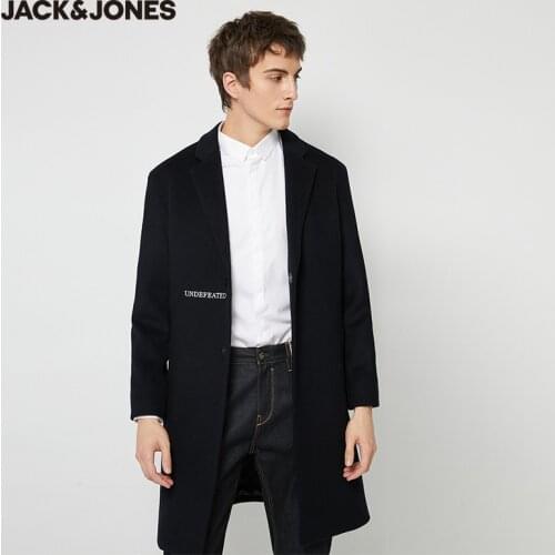 JackJones Mens Pure Color Embroidery Notched Collar Mid-length Woolen Overcoat | 220127506