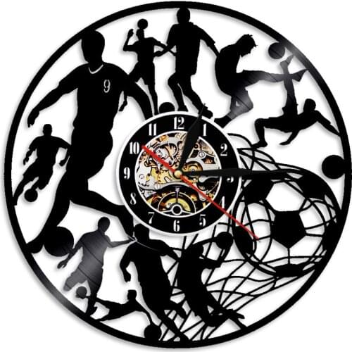 Football Player Different Poses Silhouette Wall Clock Silent Sweep Watch For Boys Bedroom Soccer Fans Vinyl Disk Crafts Clock