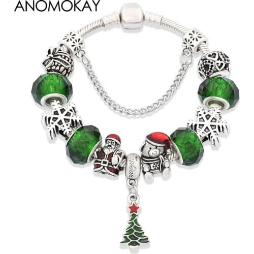 New Classic Green Christmas Tree Crystal Charm Bracelets Snowflake Bear Santa Bead Bracelet for Boy Girl Women Xmas Gift