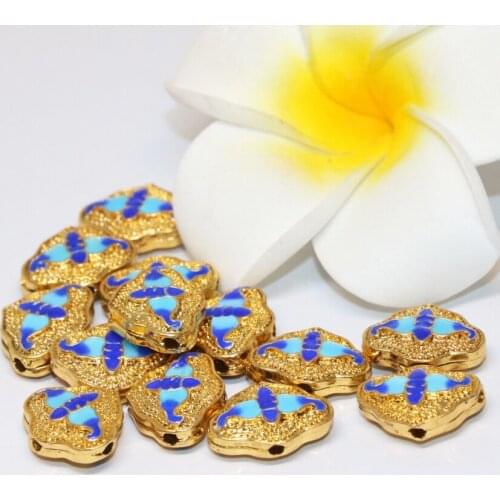 Wholesale 13*16mm gold-color cloisonne carved blue enamel spacers beads accessories 10pcs high quality jewelry findings B2457