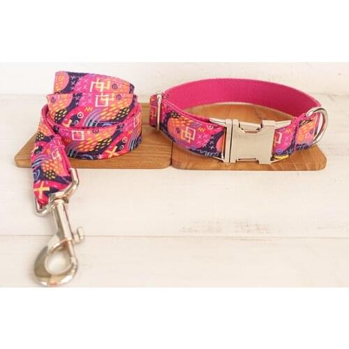 Adjustable Dog Collar Metal Id Engrave Buckle Necklace Pet Pink Graffiti Neck Band Strap Leash
