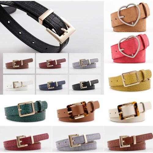 Stone Grain Lady Casual Solid Faux Leather Thin Belt Buckle Fashion Dress Jeans Adjustable Waist Strap Waistband