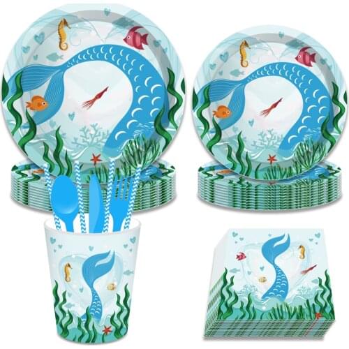Happy Birthday Dinner Dessert Plates Underwater World Fish Party Decorations Baby Shower Disposable Tableware Kids Party Favors