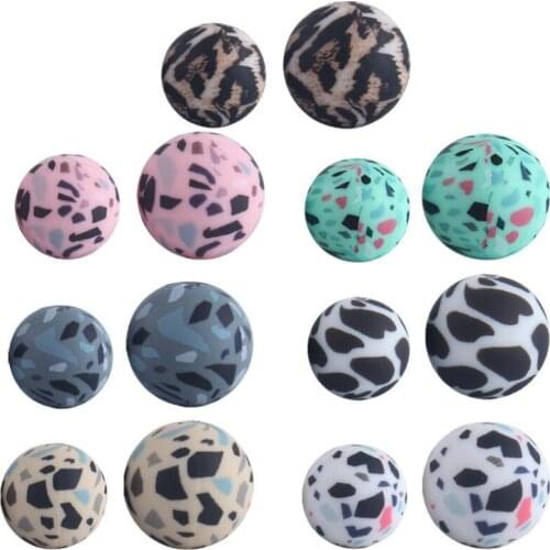 Kwd 12mm and 15mm leopard print food grade silicone beads DIY jewelry pacifier chain necklace teether bracelet accessories 5pcs