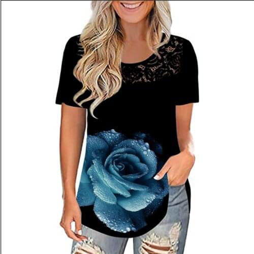 New 2021 Summer Flower Print Shirt Women Lace Hollow Out Patchwork Blouses Short Sleeve Loose Casual Tops Plus Size 5XL 4XL Top