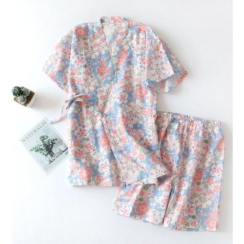 197 Cotton Pijama Women Homewear Flower Print Short Tops Kimono Shorts Casual Sleepwear Shirts Summer Pajama Loose Pajamas Set