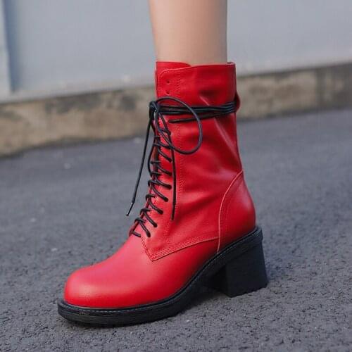 2021 Autumn Shoes Women Round Toe Platform Boots Women Genuine Leather ZIP Winter Women Boots Motorcycle Boots 6.5cm heels