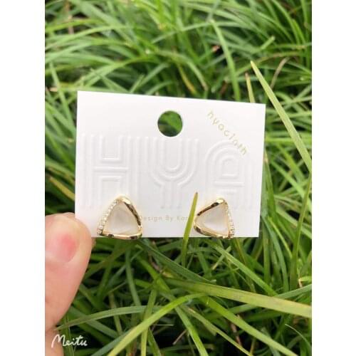 S925 Silver Ear Needle Stud Earring Minimalist Cats Eye W/Zircon Triangle Brass14kGold South Korea Jewelry for Women HYACINTH