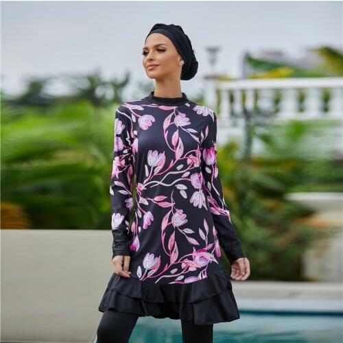 Women Large Size Flower Printing Full Cover Muslim Swimwear Female Islamic Swimsuit Hijab Ruffled Beachwear Bathing Suit Y1227
