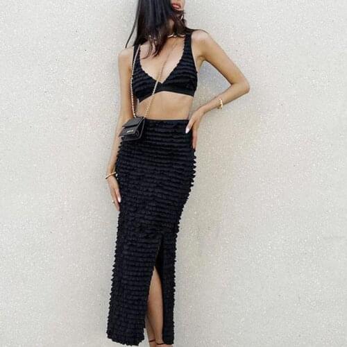 Womens 2021 Summer Style V-neck Sleeveless Ultra-short Camisole Suit Womens Fashion Side Slit Slim Long Skirt Two-piece Suit